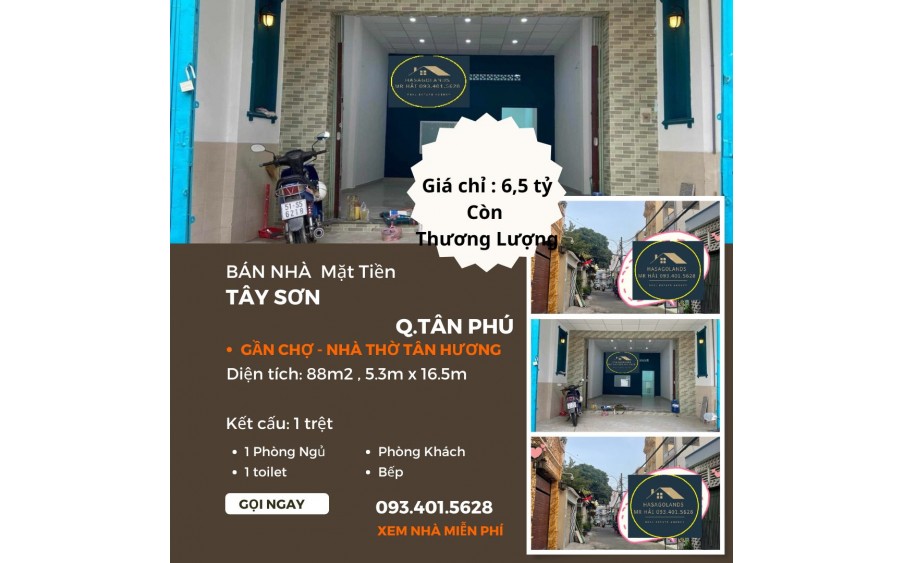 CHÍNH CHỦ bán nhà Mặt Tiền Tây Sơn 88m2, 6,5tỷ, gần chợ TÂN HƯƠNG